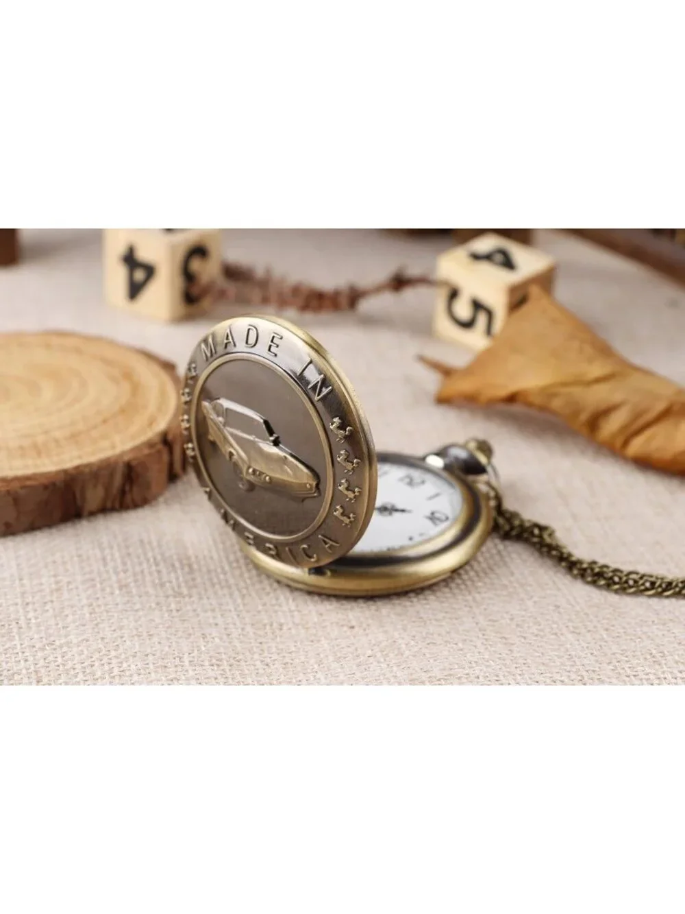 Men's Brown Analog Quartz Car Shape Pendant Necklace Round Case Pocket Watch